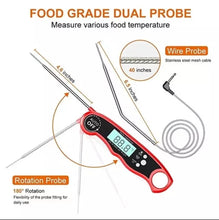 Digital meat thermometer with dual probe and long wire.
