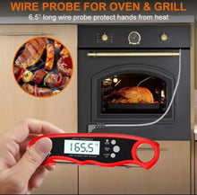 Digital meat thermometer with dual probe and long wire.